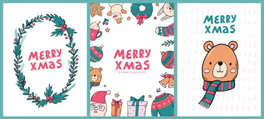Christmas cards, posters, prints, invitations, templates set decorated with lettering quote and doodles. New year prints, social media templates. EPS 10