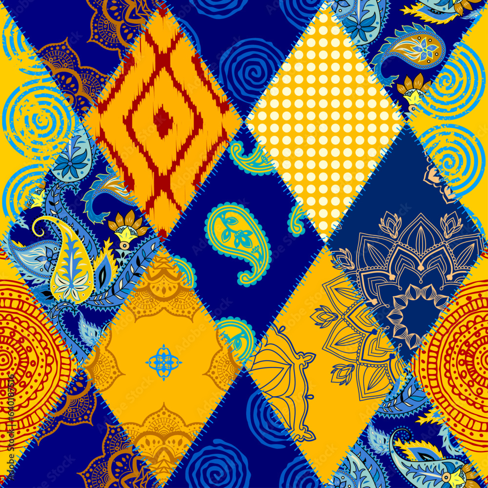 Poster Textile patchwork pattern with blue and yellow colors. Vector image