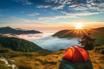 Fototapeta na wymiar A fantastic view of the sunrise and the sea of clouds from the tent set up on the top of the mountain. Lifestyle concept for holidays and vacations.
