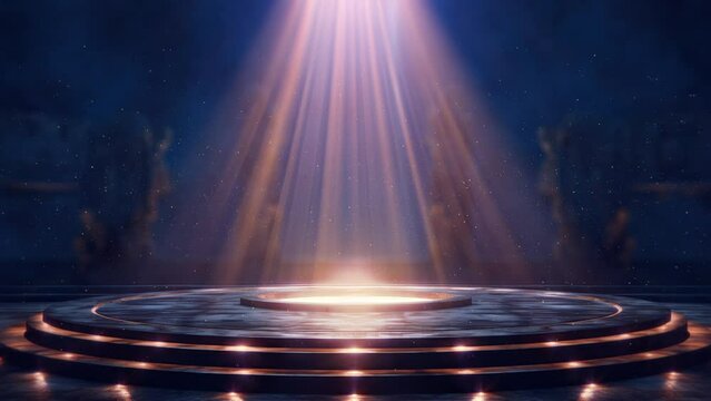 4K Stage with spotlight. Podium with light rays. Bokeh particles flying around. Presentation studio. 2160p Motion graphics. Xmas 2024 