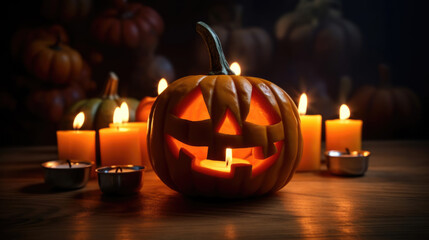 Fototapeta premium Scarry halloween Pumpkin on a wooden background