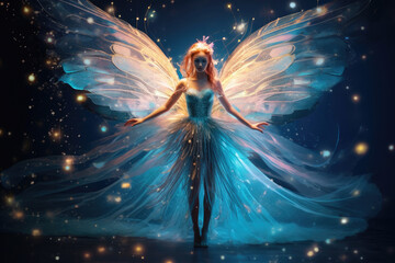 Fototapeta na wymiar Enchanting Fairy with Translucent Gold Wings in a Stardust Wonderland