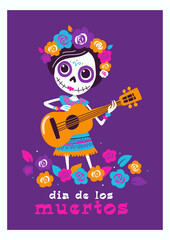 Vector illustration of a skeleton of a girl in a dress with a guitar and flowers on her hair in flat style in pink, blue and purple shades. From a greeting card for the Mexican holiday Day of the Dead