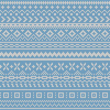 Winter knit texture pattern.Seamless vector illustration for Christmas, New Year, winter design. Xmas ugly sweater ornament. Fair isle pattern in blue and white.