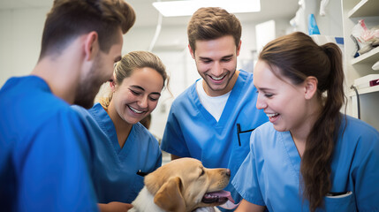 Group of Veterinarians examines the dog at the clinic. Created with Generative AI technology. - Powered by Adobe
