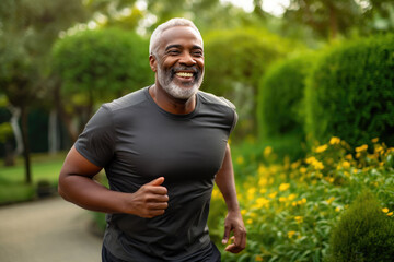 Motivated Black Man Jogging Amidst Greenery