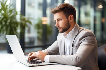 Focused Office Worker Lost in Thought While Typing on Laptop