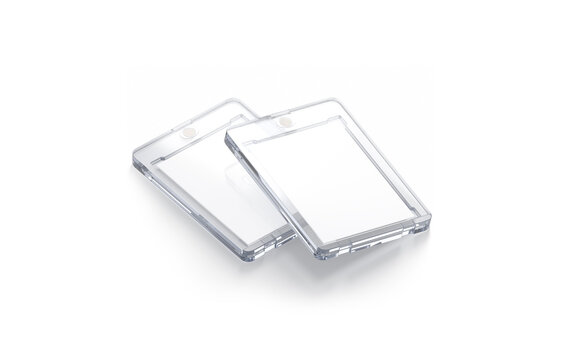 Blank transparent plastic trading card mockup, side view