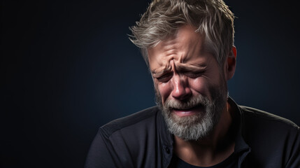 Fototapeta premium Depressed man in casual clothes crying on dark background