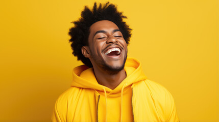 Young man laughs against a yellow background.