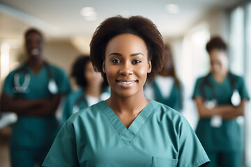 Fototapeta premium black nurse or med student wering medical scrubs with other doctors in the background