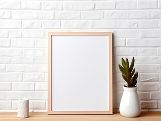 Maize wooden photo frame mockup leaning at white brick wall generative ai