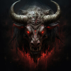 Image of angrya a bull face demon and flames on dark background. Wildlife Animals. Illustration, Generative AI.