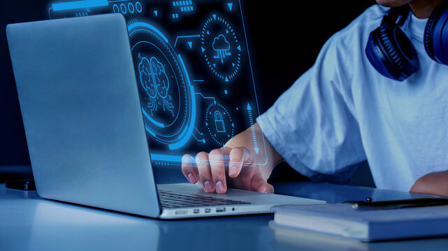 Closeup shot of hands using laptop and using ai for searching information