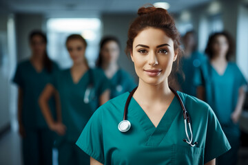 nurse or med student wering medical scrubs with other doctors in the background