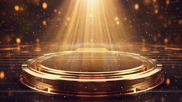 4K Stage with spotlight. Podium with light rays. Bokeh gold particles flying around. Presentation golden studio. 2160p Motion graphics. Xmas 2024 