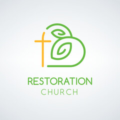 Letter B with leaves and cross church organization Logo design template, baptism and christian restoration symbol. Stock vector illustration isolated on white background.
