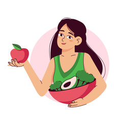 Eating healthy food. The girl is standing with an apple in her hands. Vegetarian, vitamin, natural and fresh products. Diet, weight loss, proper nutrition. flat vector illustration