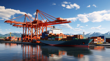 Sea cargo port, loading containers on a cargo ship