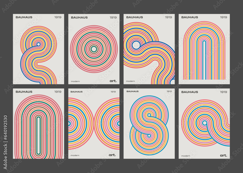 Poster modern bauhaus striped poster vector design. cool abstract geometric rainbow lines pattern. psychede