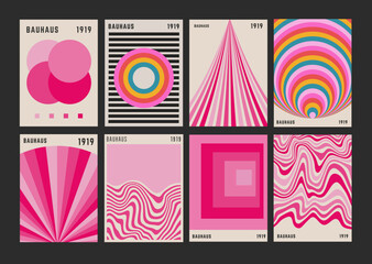 Cool Pink Bauhaus Abstract Art Posters Collection. Set of Boho Mid-Century Placards. Modern Geometric Retro Print Designs. - obrazy, fototapety, plakaty