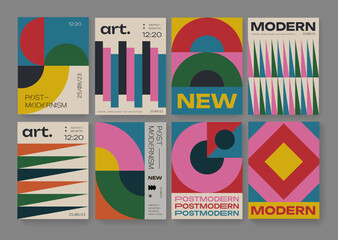 Set Of Cool Postmodern Covers. Collection of Abstract Geometric Posters. Bauhaus Shape Illustration. Trendy Retro Backdrop.