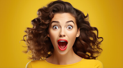 Young woman wearing casual clothes shocked with surprise and amazed expression on yellow background