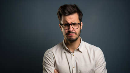 Obraz premium Depressed man in casual clothes crying on dark background