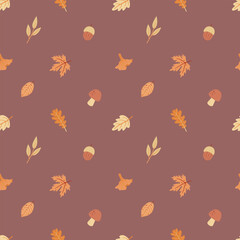 Seamless pattern with childish autumn plants twigs leaves on brown. Cute illustration for child textiles, design.