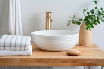 Fototapeta na wymiar Elegant Wood Vanity and White Vessel Sink in Modern Bathroom Interior