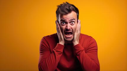Fototapeta premium Young handsome man wearing casual clothes shocked with surprise and amazed expression on yellow background