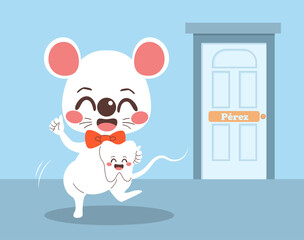 Vector illustration of cute mouse carrying large human kid tooth next to door of his house on background. Spanish culture tooth fairy mouse