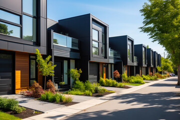 Fototapeta na wymiar Sleek Contemporary Black Townhouses: Residential Architecture Delight