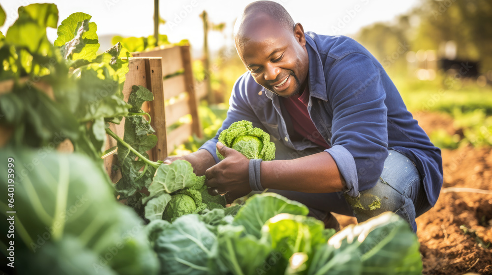 Canvas Prints farmer is harvesting cabbage from the field.