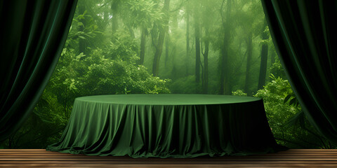 Green curtain and a spotlight. festival night show poster, Green theatre or emerald curtain, Green soft pastel curtain stage award background trophy on green carpet pastel background generative ai   