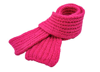 Pink bright knitted scarf on a white background.