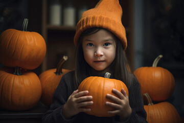 Little girl holding pumpkins 