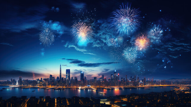 Festive colorful fireworks over the city