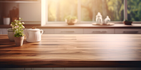 Fototapeta na wymiar A kitchen with a counter that has a wooden floor that has a wooden plank , A kitchen with a wooden counter , Empty wooden table and blurred kitchen background, generative AI