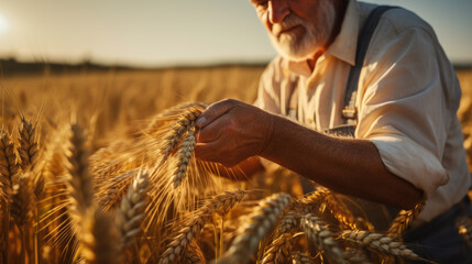 Male farmer checks the wheat sprouts in his field.