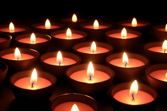 Diya clay lamps lit on black background for Diwali celebration. Glowing candles closeup for Hindu festival of lights. Indian culture, Hindu tradition