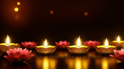 Floating on pure water Diya lamps lit and beautiful lotus flowers for Diwali celebration. Candles, lanterns and lotuses with green leaves on calm pond for Hindu festival of lights. Indian culture
