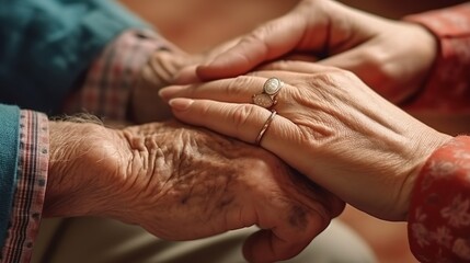 Hands of an elderly person and a younger person, care, love