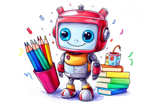 Cute cartoon robot student. Drawing with colored pencils.