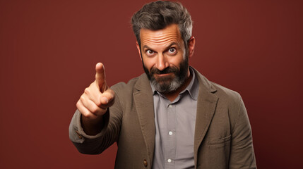Obraz premium Middle aged man wearing suit pointing with hand and finger to the side looking at the camera.