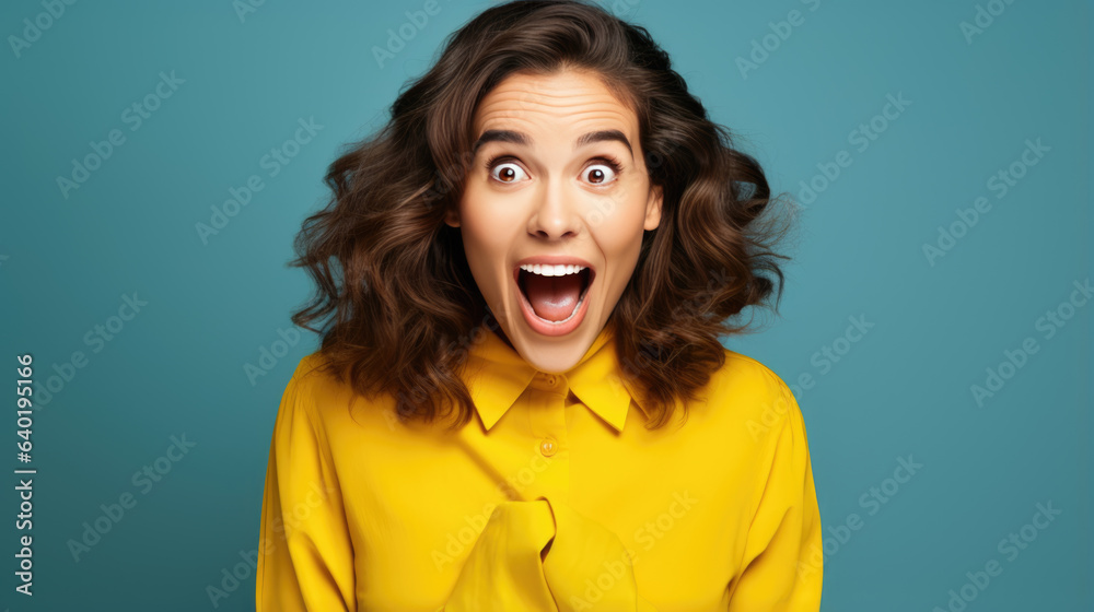 Wall mural Young woman wearing casual clothes shocked with surprise and amazed expression on blue background