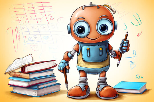 Cute cartoon robot student. Drawing with colored pencils.