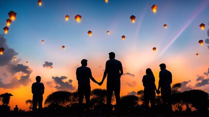 Fototapeta na wymiar Silhouette of a group of people standing at sunset and watching handmade paper flying lanterns launched into the night sky at a festival of lights