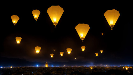 Handmade paper lantern flying in the night sky over big city for Diwali festival of lights or Yi Peng Festival. Floating lamp balloons with flame inside over the town in India or Thailand