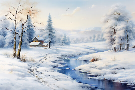 Beautiful Christmas winter landscape. Watercolor painting illustration.